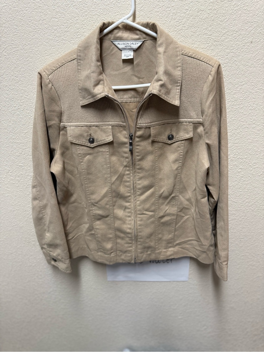 Allison Daley faux suede jacket features a tan color, a full zippered Size 10 P